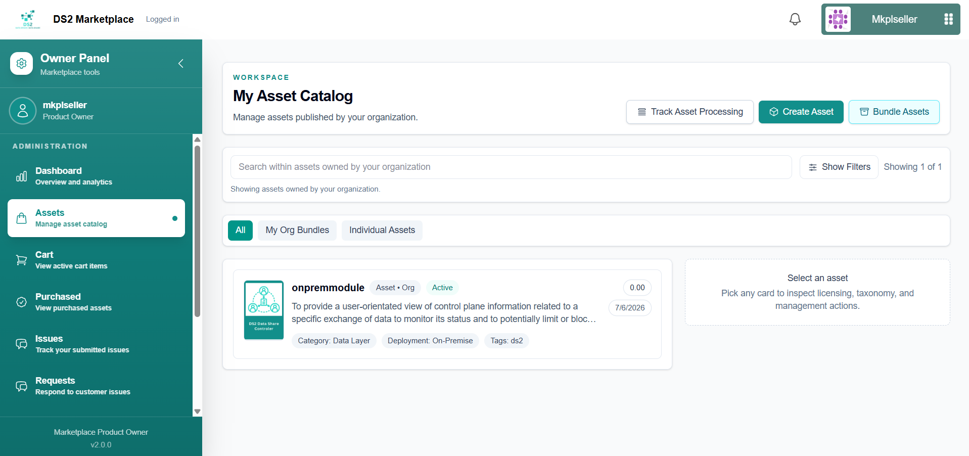 My Asset Catalog showing the new on-premise asset as Active