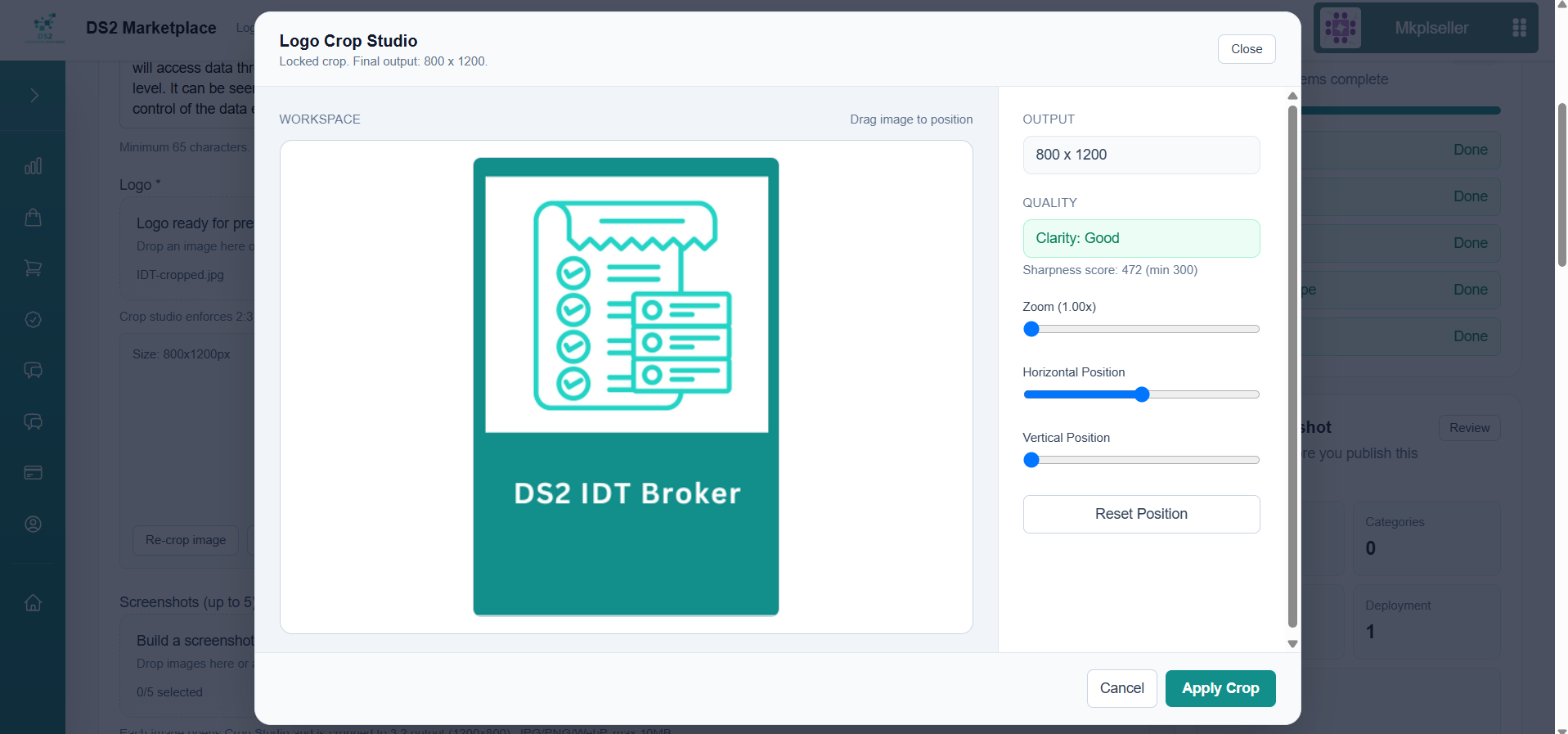 Logo crop tool for downloadable asset