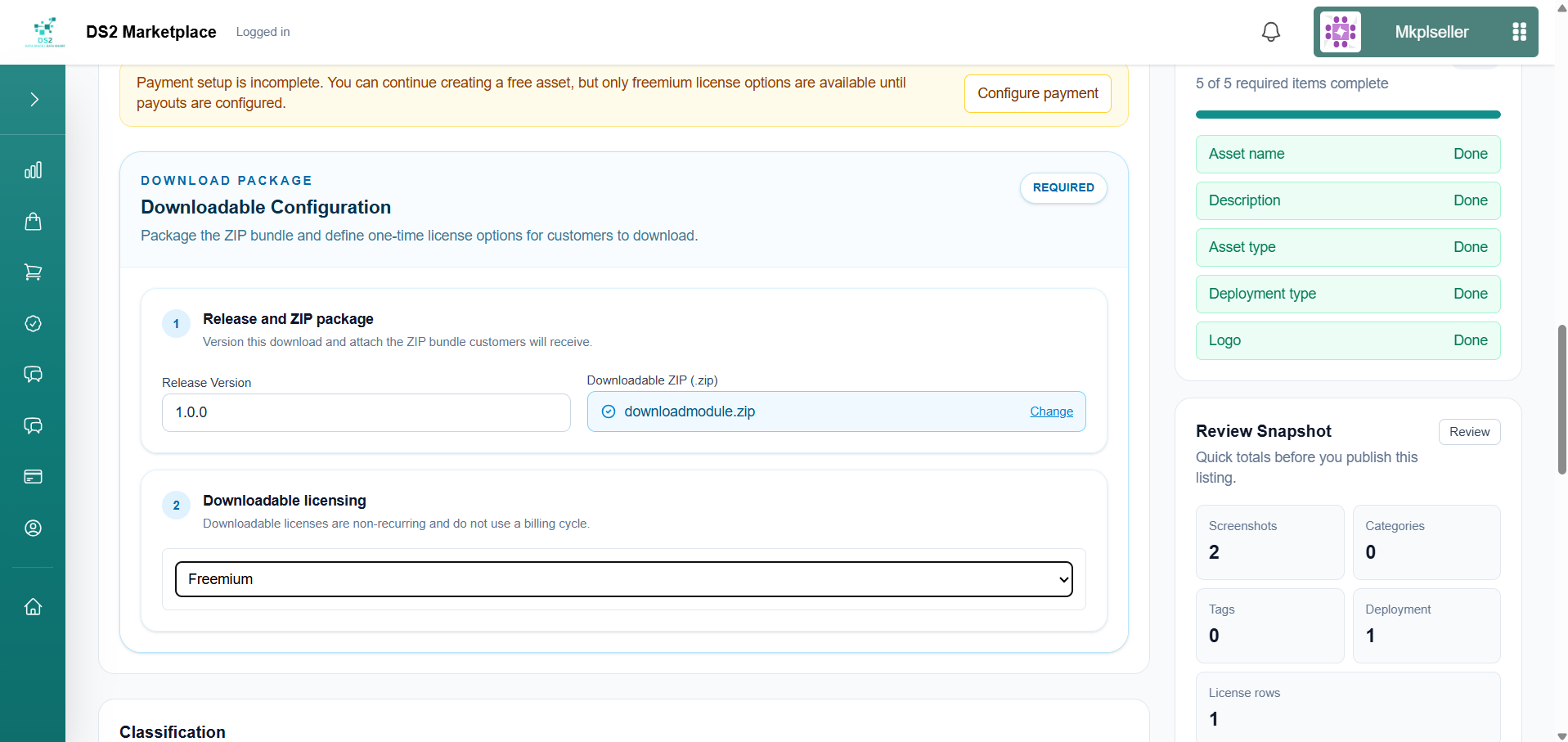 Downloadable Configuration with release version, ZIP attached, and licensing