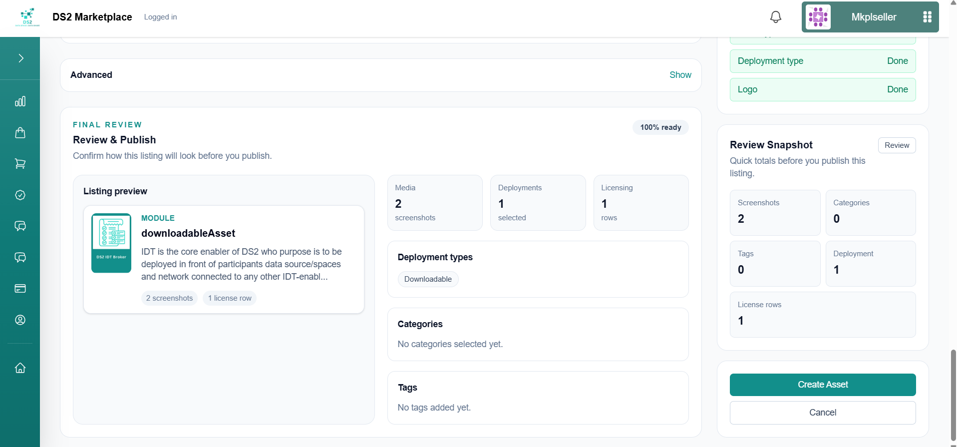 Final Review panel for downloadable asset