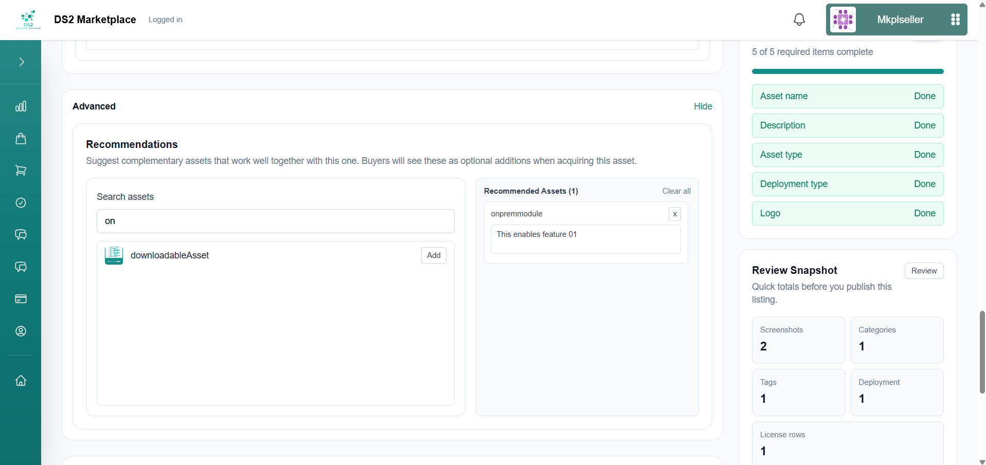 Recommendations section showing attached related assets