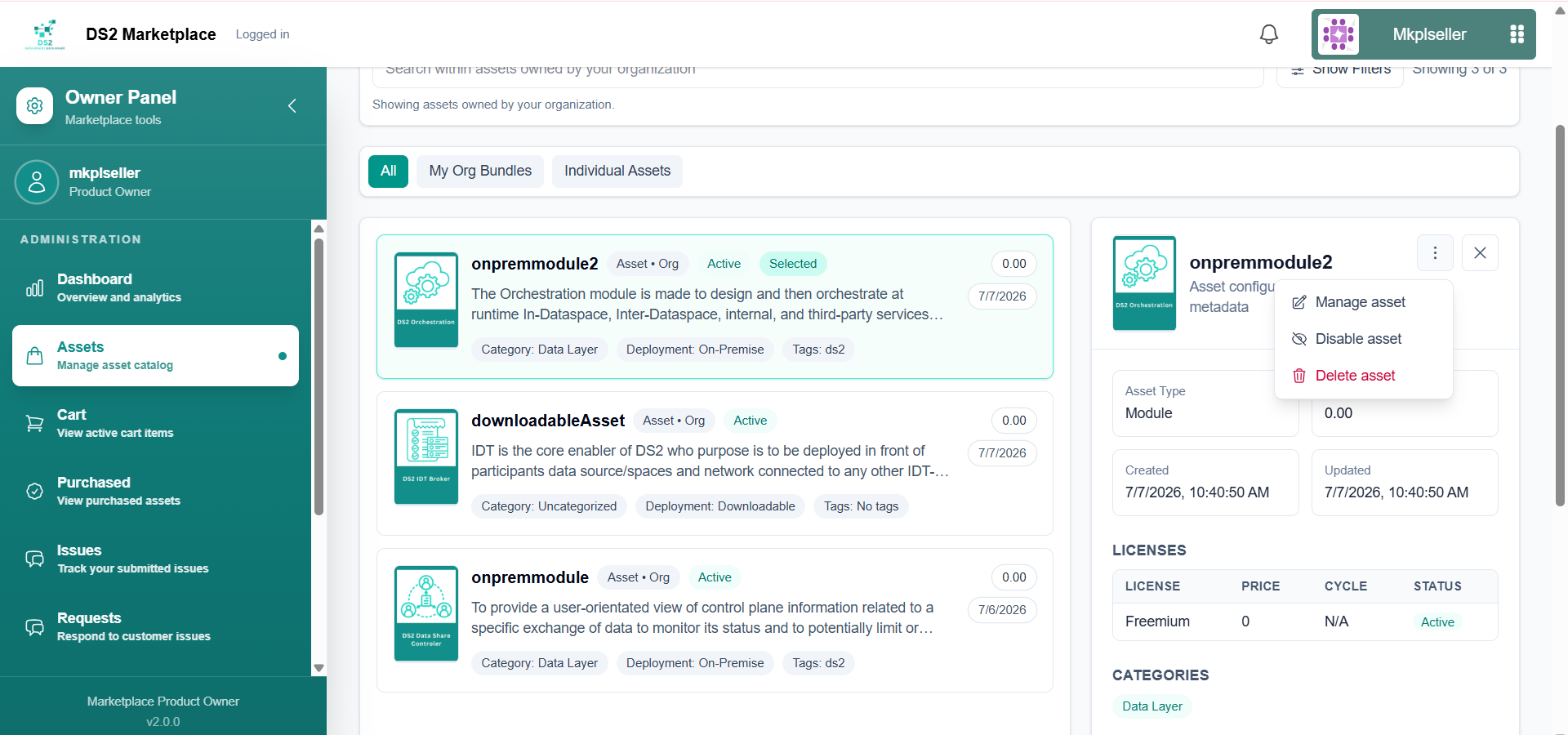 Manage asset menu with Manage/Disable/Delete actions