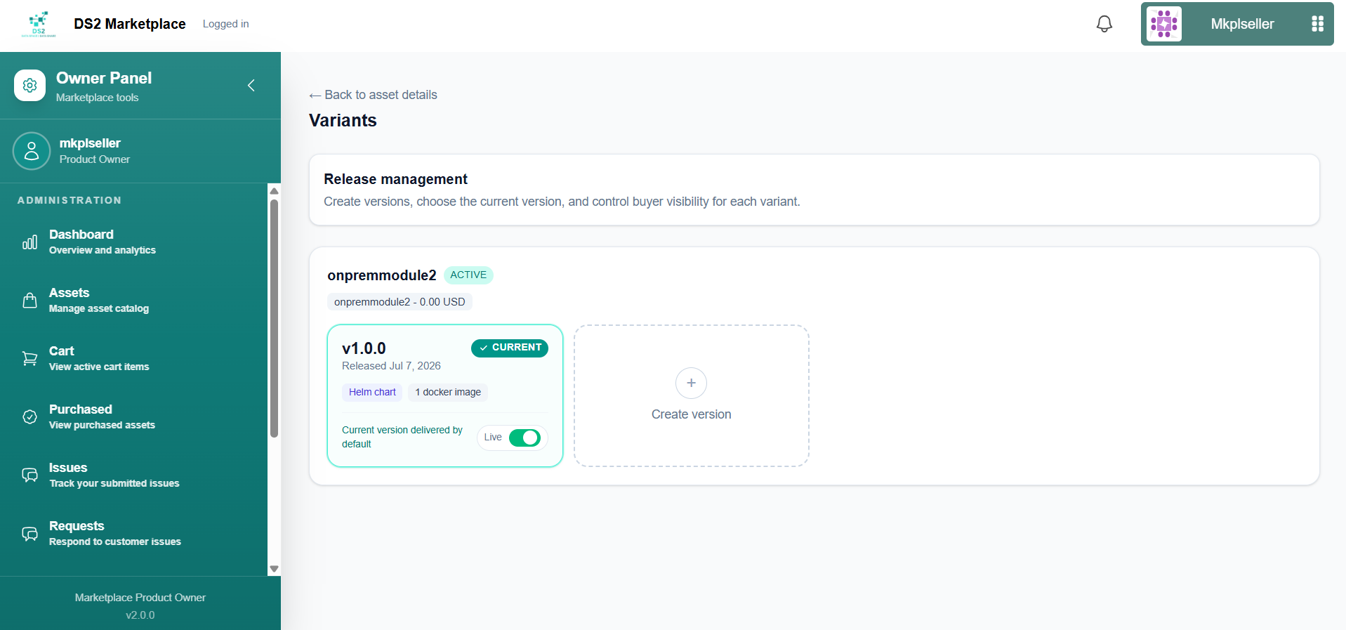 Versions page for an existing asset