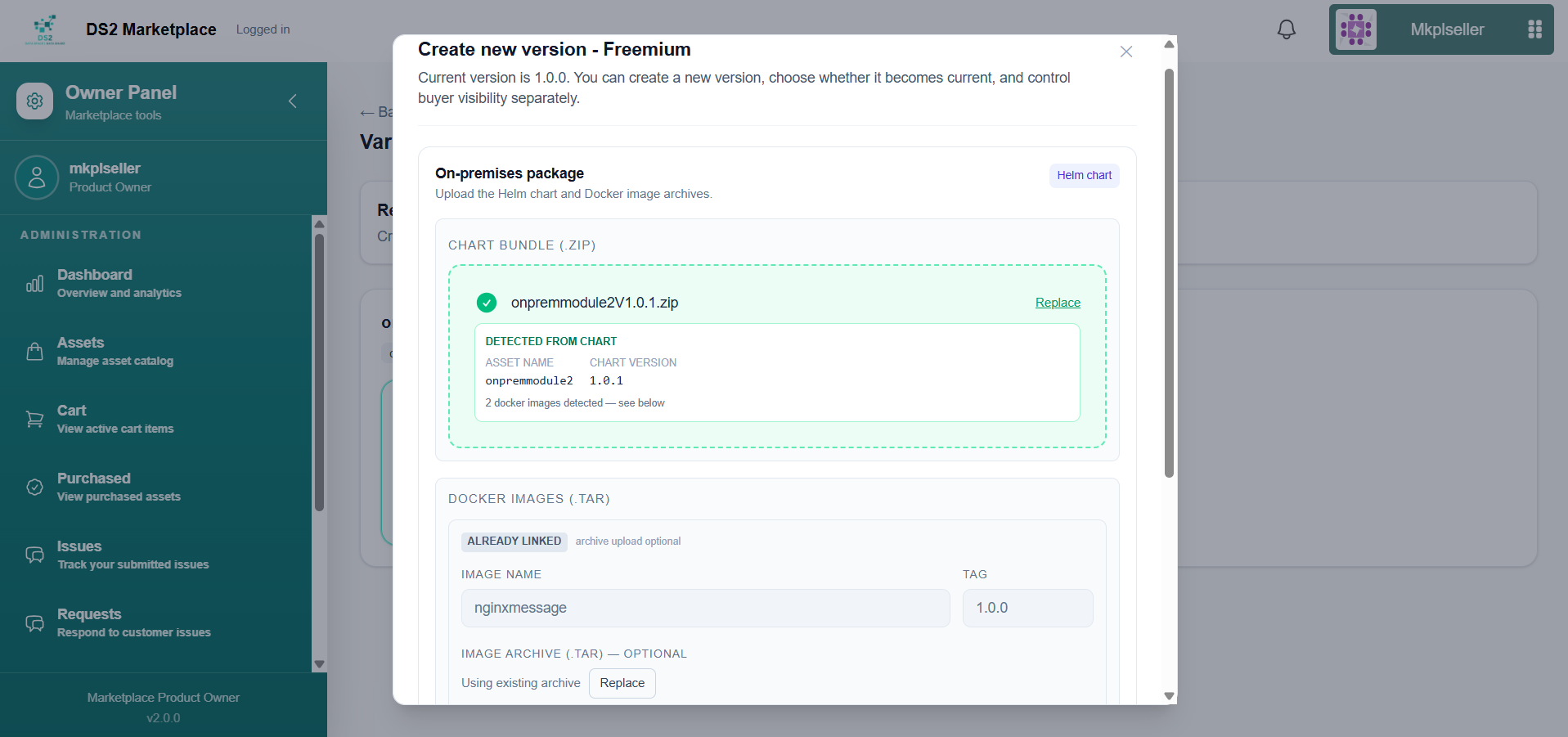 "Create version" panel with existing image carried over