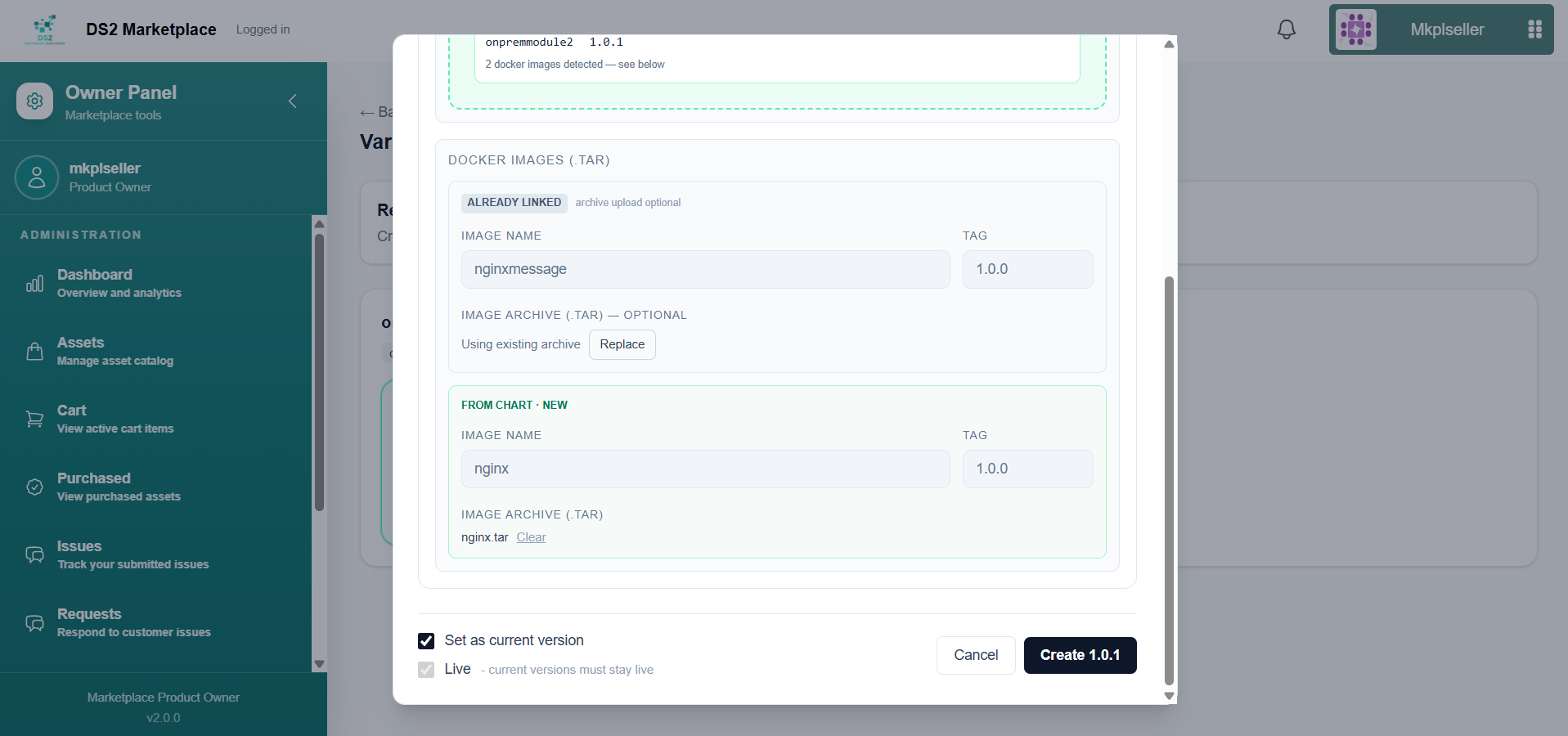 New container image with name, tag, and archive file attached
