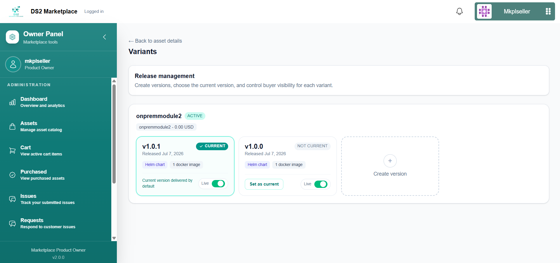Variants page listing new version as CURRENT and previous as NOT CURRENT