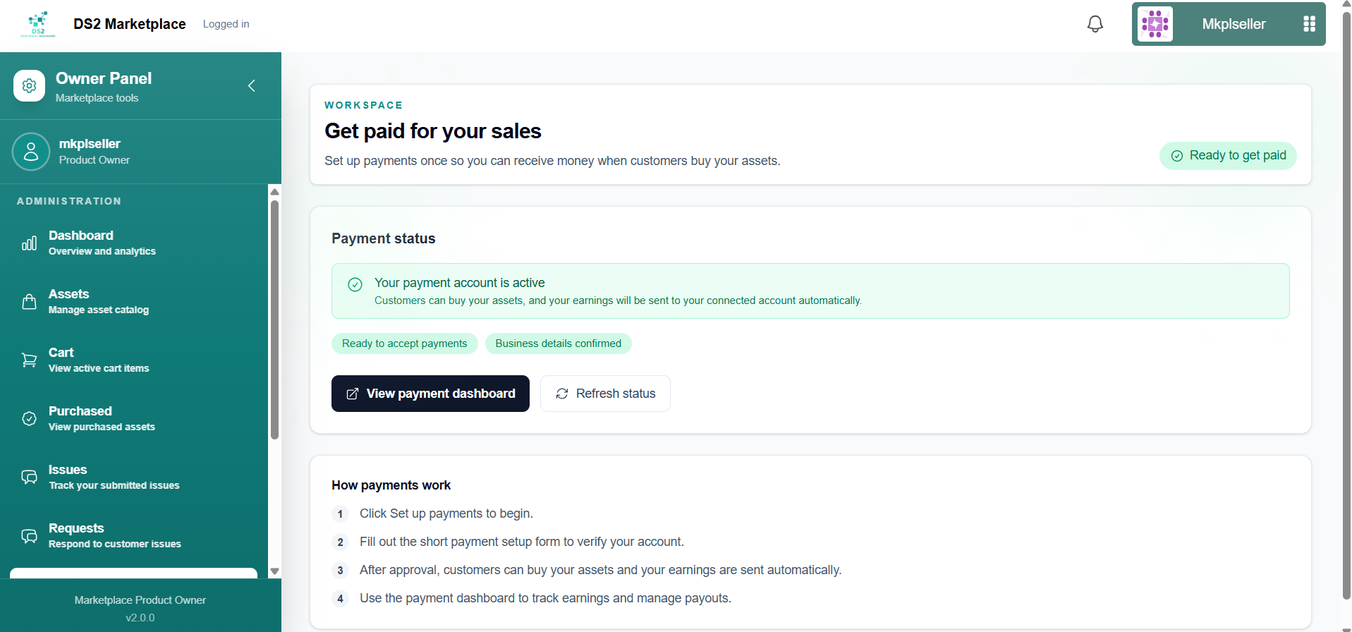 Payments page after setup, status "Ready to get paid"