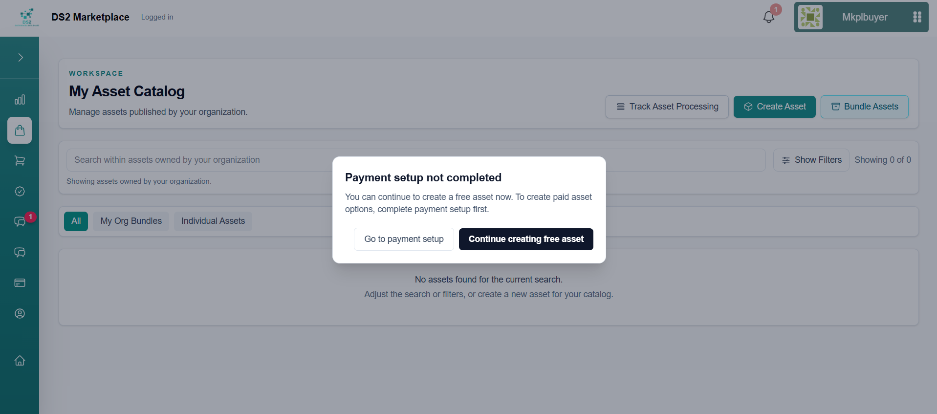 Payment setup notice with "Continue creating free asset" option