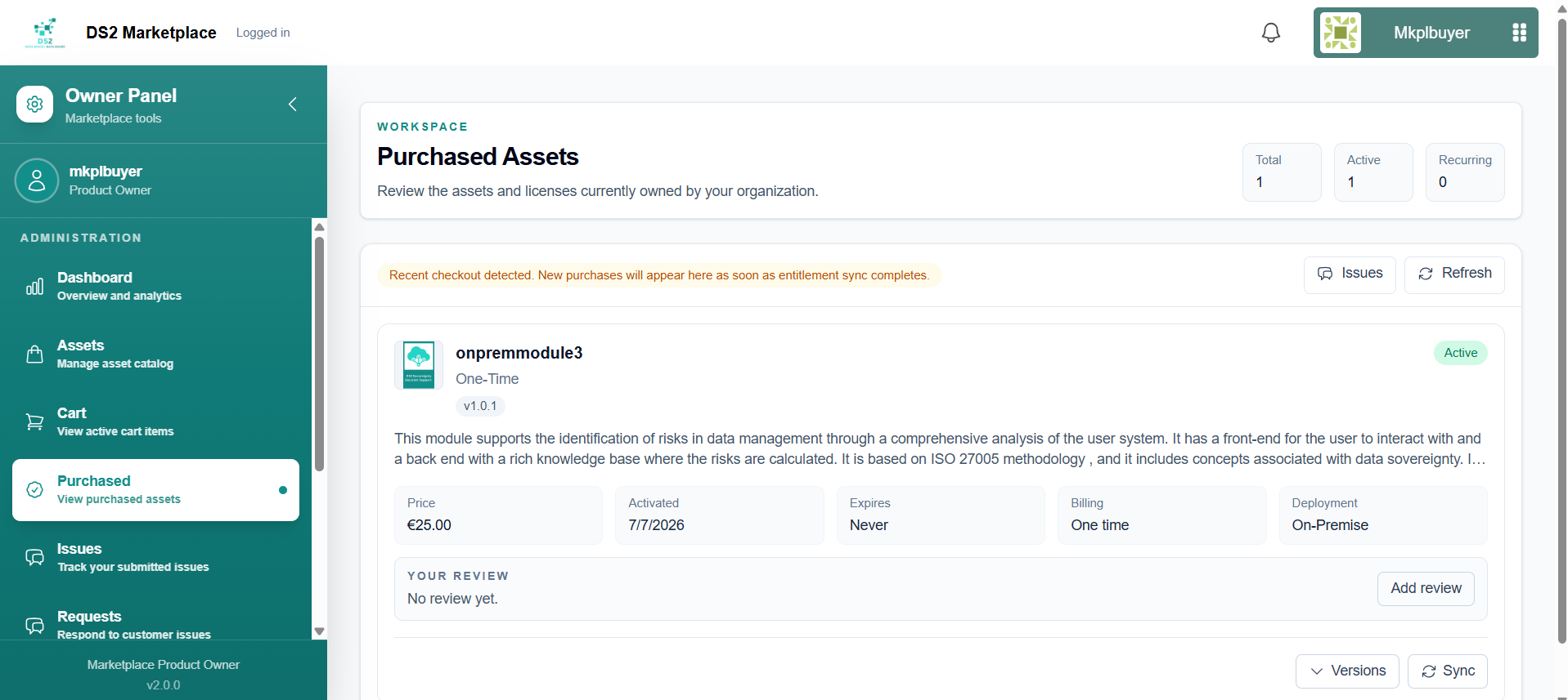 Purchased Assets page for an on-premise asset