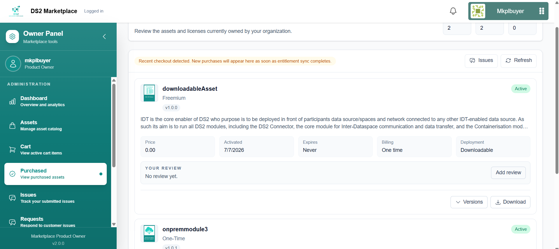 Purchased Assets page with Download button for a downloadable asset