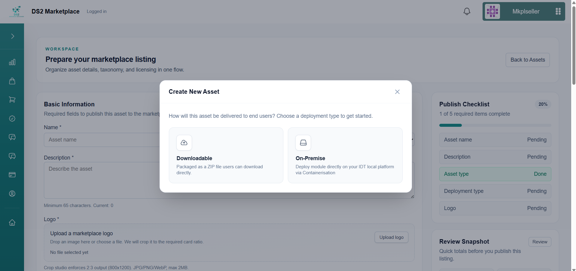 “Create New Asset” modal asking for deployment type