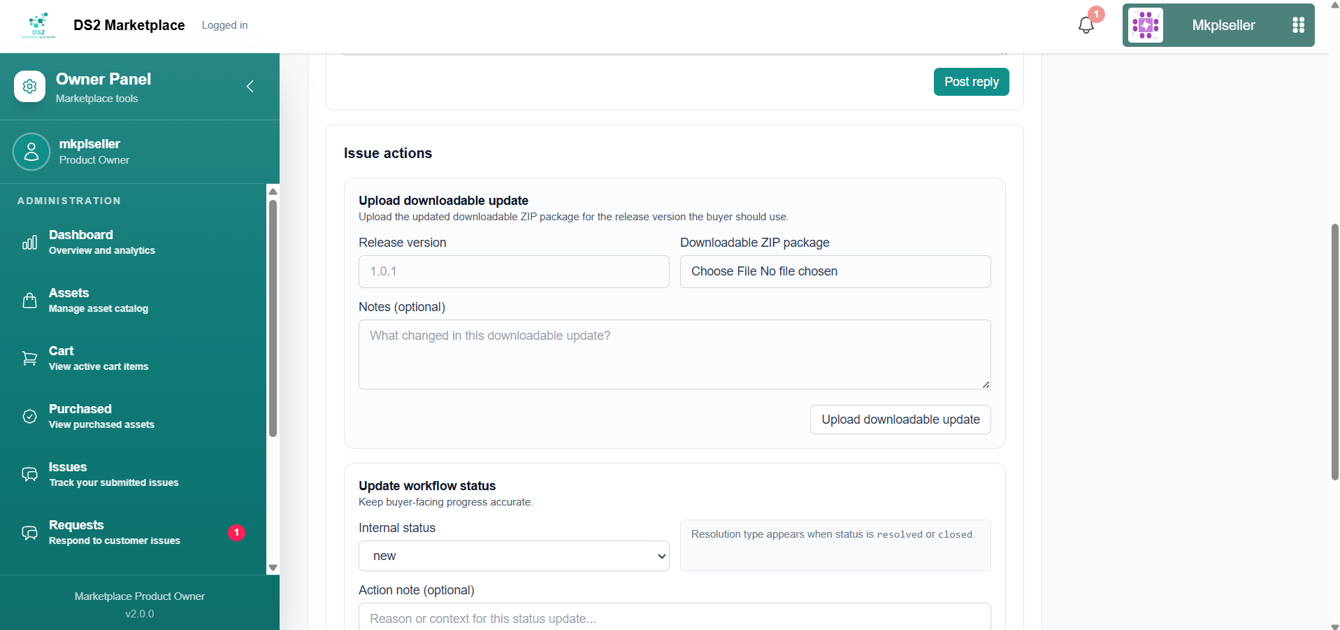 Seller issue actions: upload an update or change workflow status