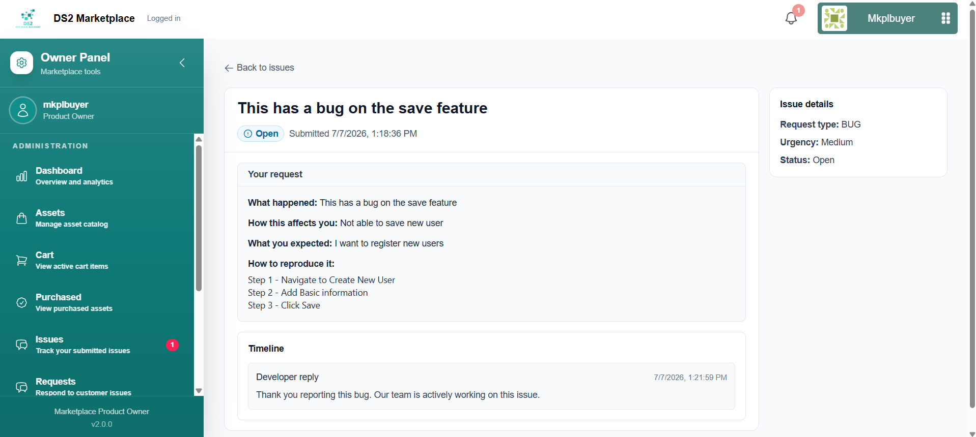 Issue detail with developer reply, tracked from the buyer's side