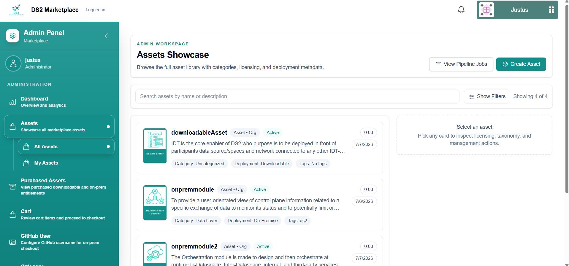 Admin "All Assets" page listing marketplace-wide assets