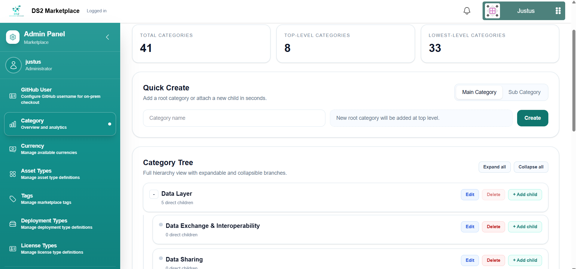 Category management page with category tree