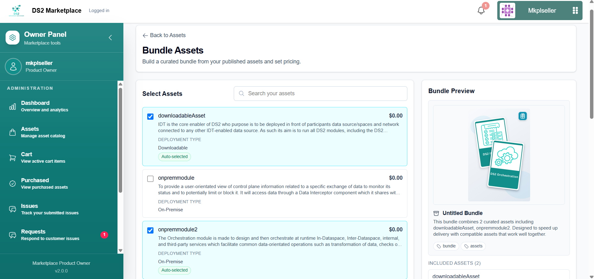 Bundle Assets page with asset selection list and Bundle Preview