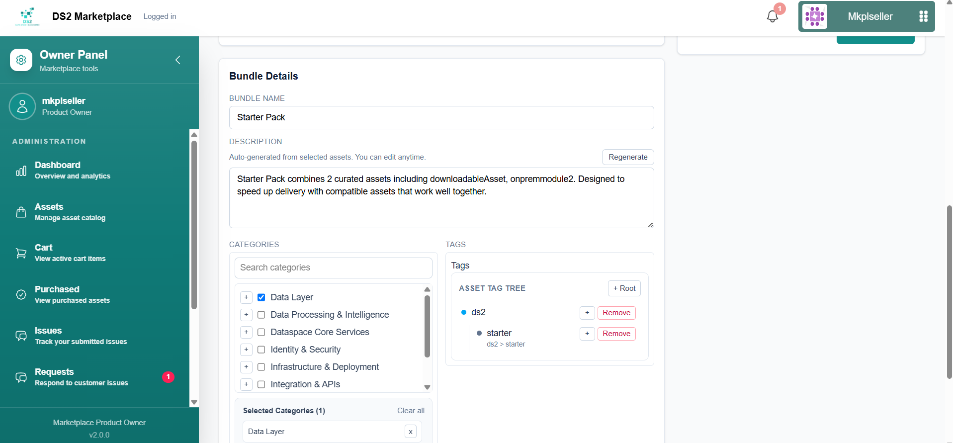 Bundle Details: name, auto-generated description with Regenerate button, categories, and tags