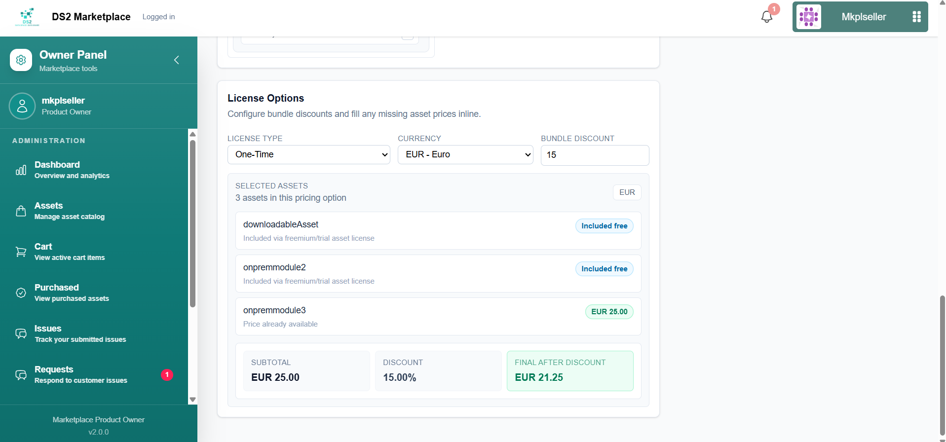 License Options showing Bundle Discount, subtotal, and Final After Discount