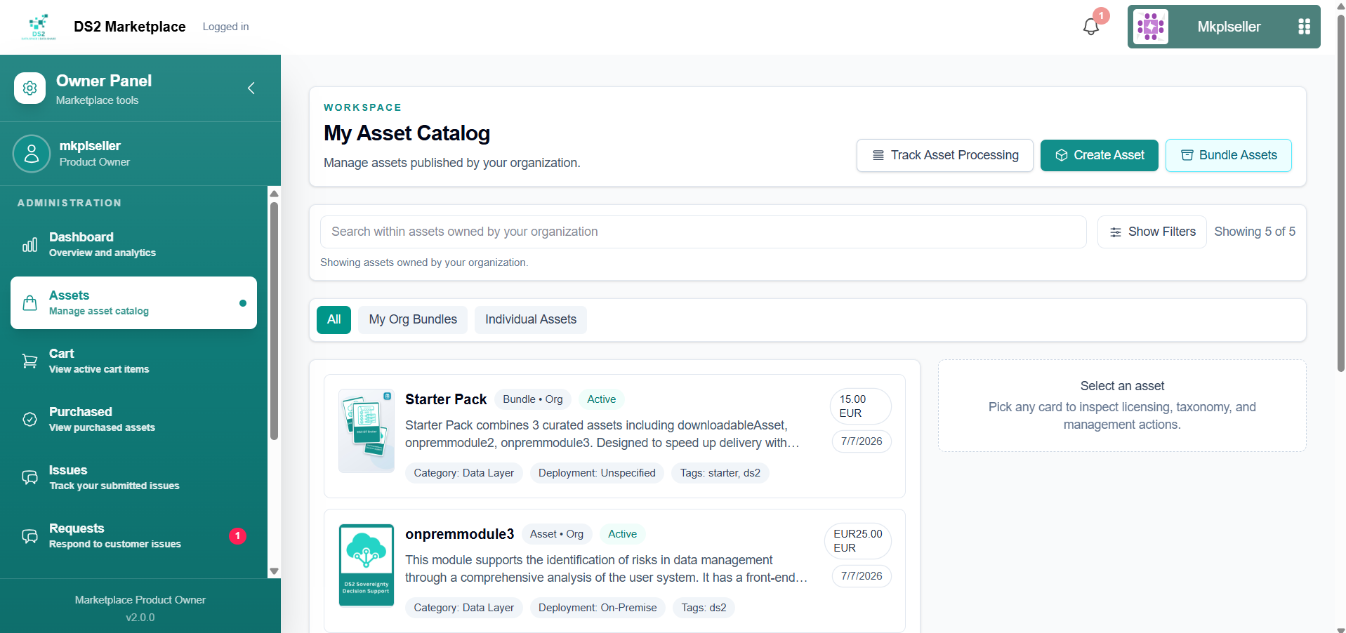 Published bundle listed in My Asset Catalog