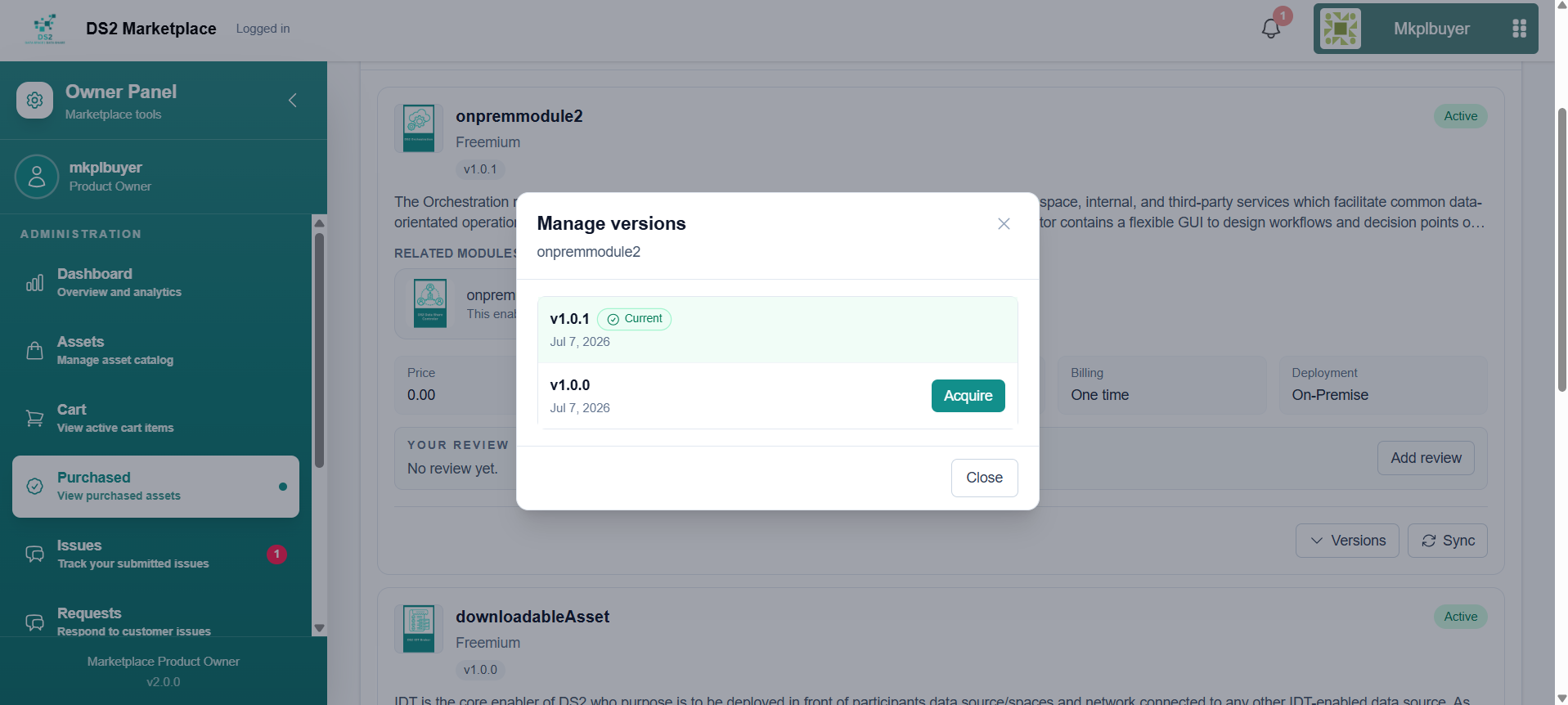 Buyer's "Manage versions" dialog showing current and available versions