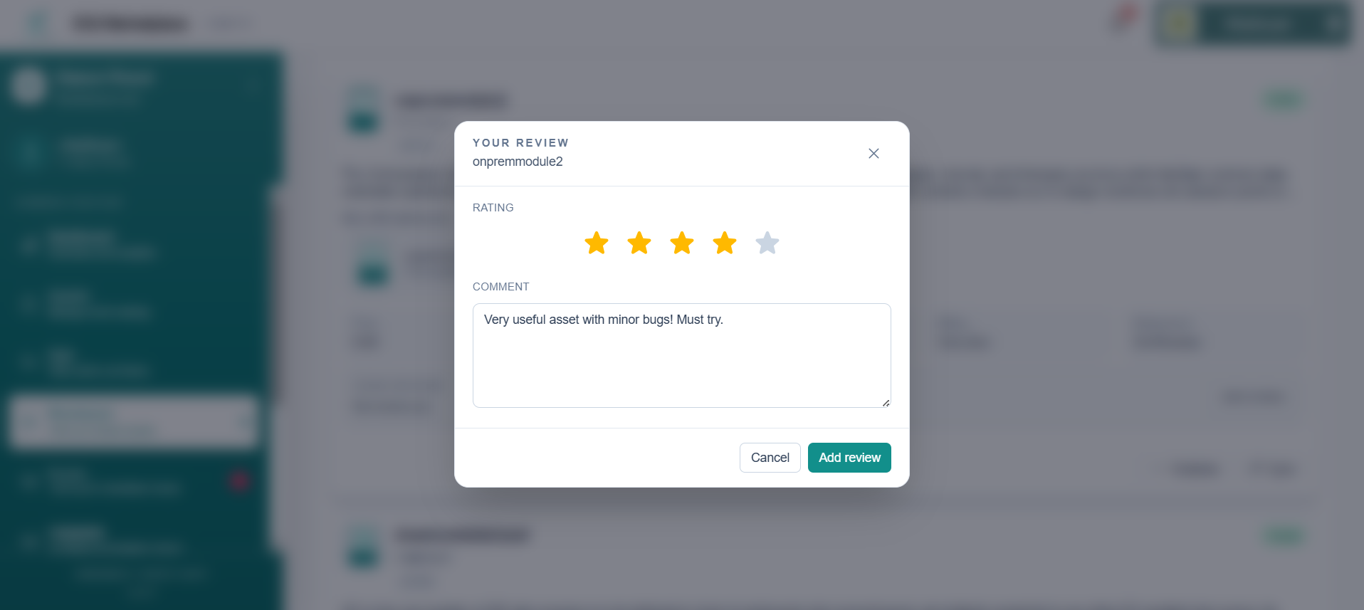 Your Review dialog with star rating and comment box