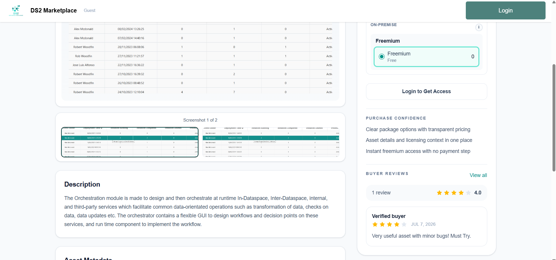 Buyer Reviews summary with average rating and recent review on the asset detail page