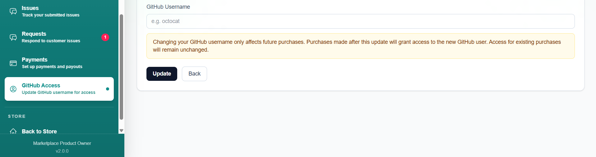 GitHub Access page with GitHub Username field and Update button