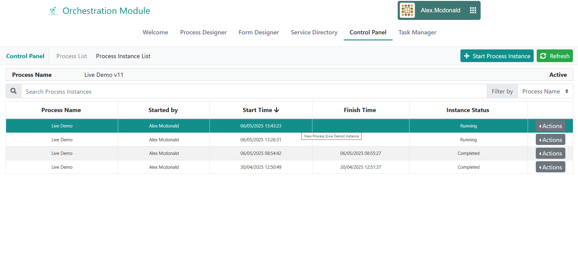 Control Panel Process Instances List
