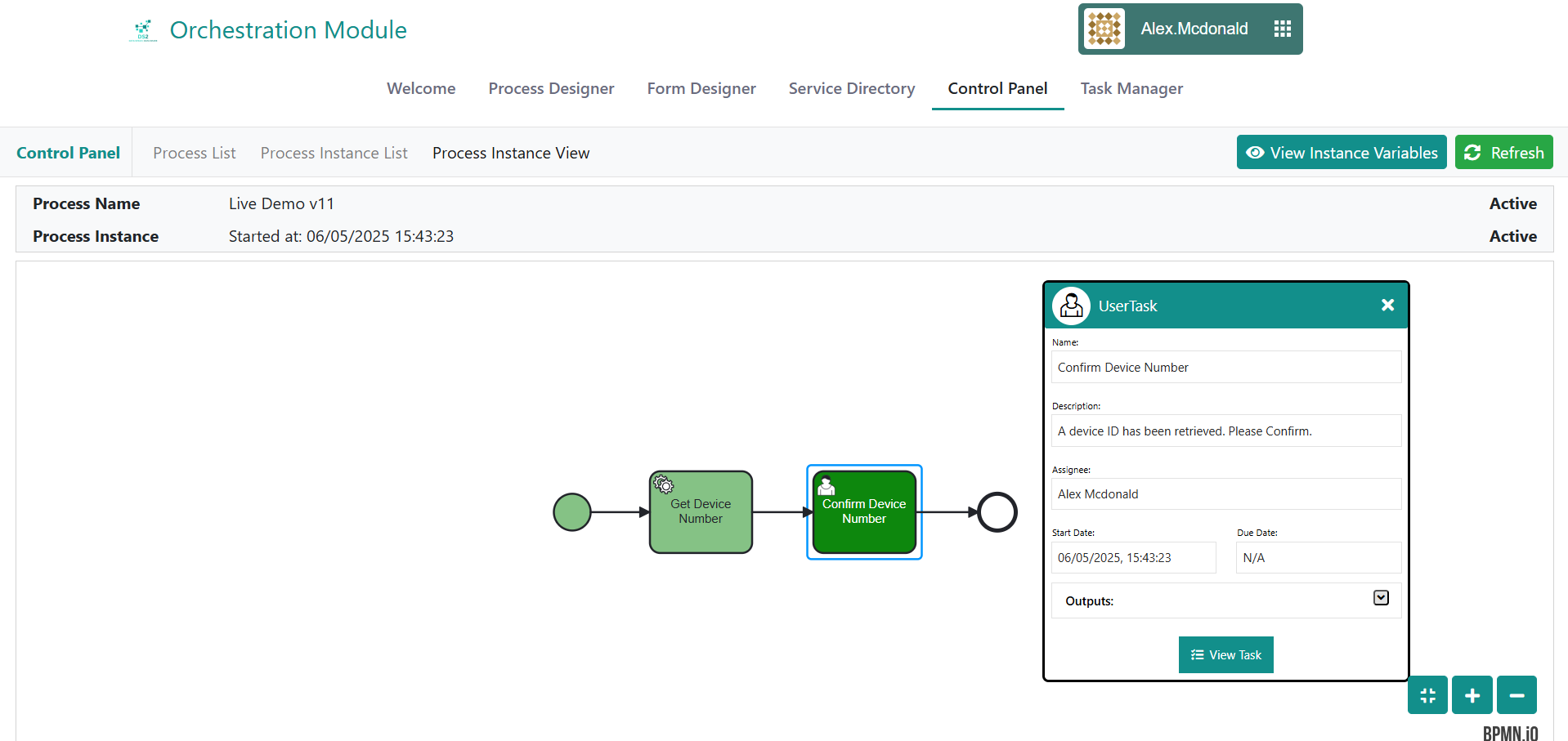 Control Panel Process Instance View List