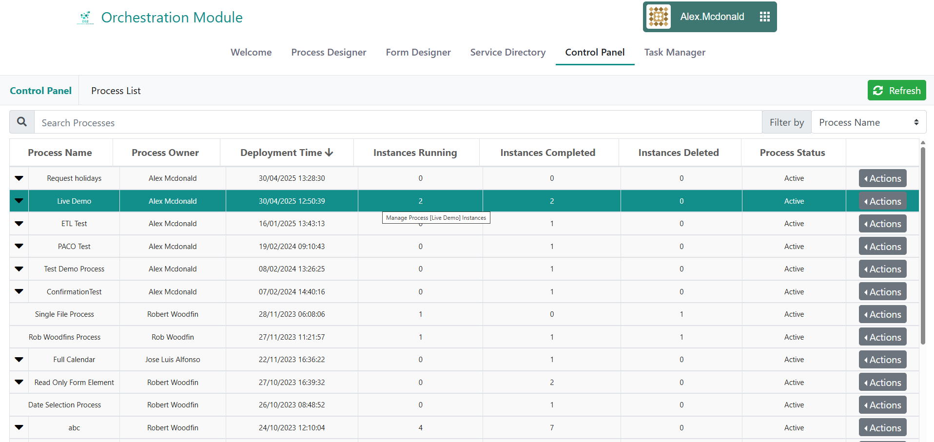 Control Panel Processes List
